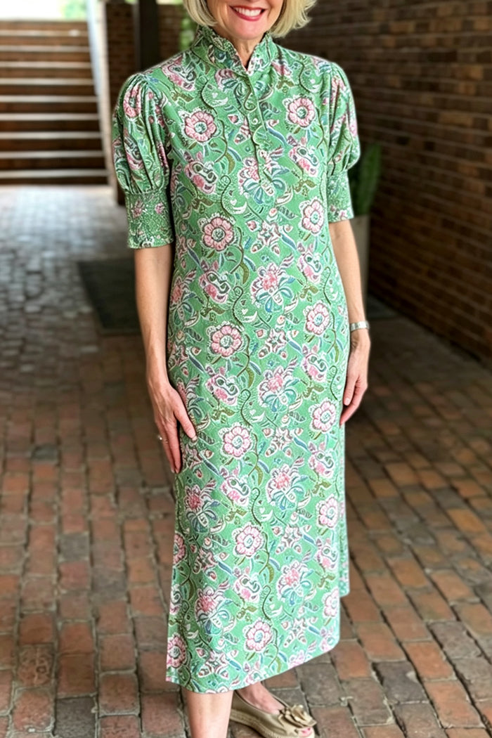 Floral Pocketed Side Slit Puff Sleeve Dress