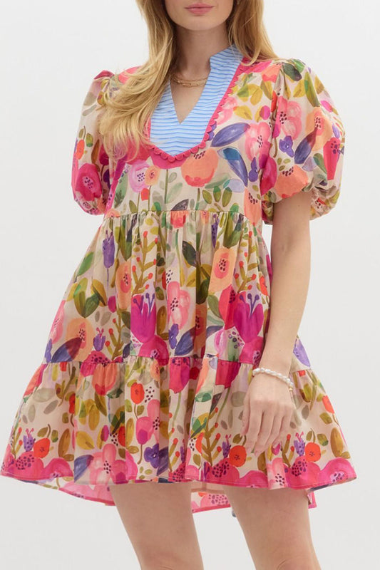 Floral Puff Sleeve Pocket Dress