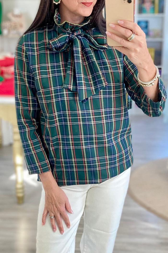 3/4 Sleeve Plaid Tie Sash Top