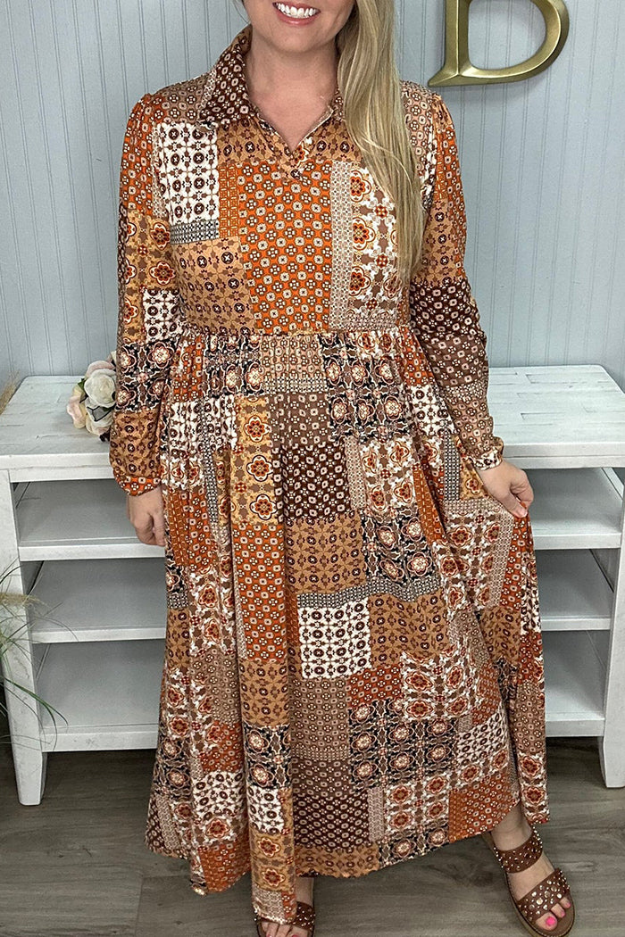 Rust Patchwork Pocket  Midi Dress