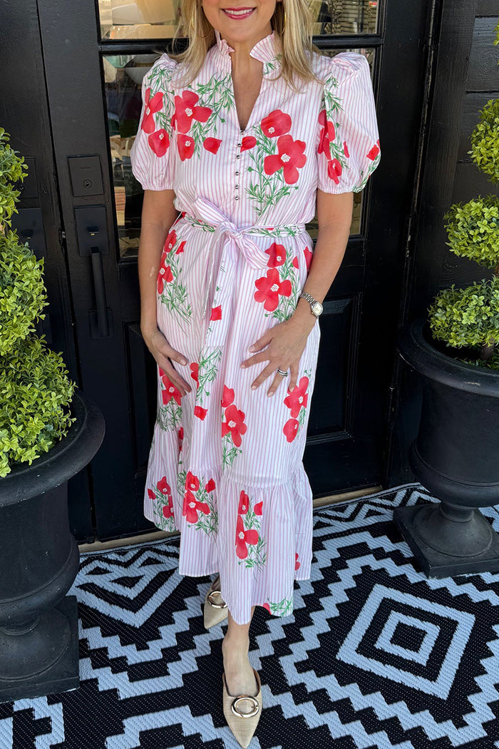 Belted Puff Sleeve Floral Midi Dress
