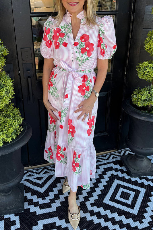 Belted Puff Sleeve Floral Midi Dress