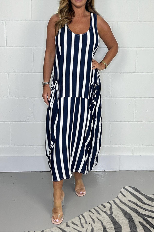 Stripe Oversize Tie Pocket Dress