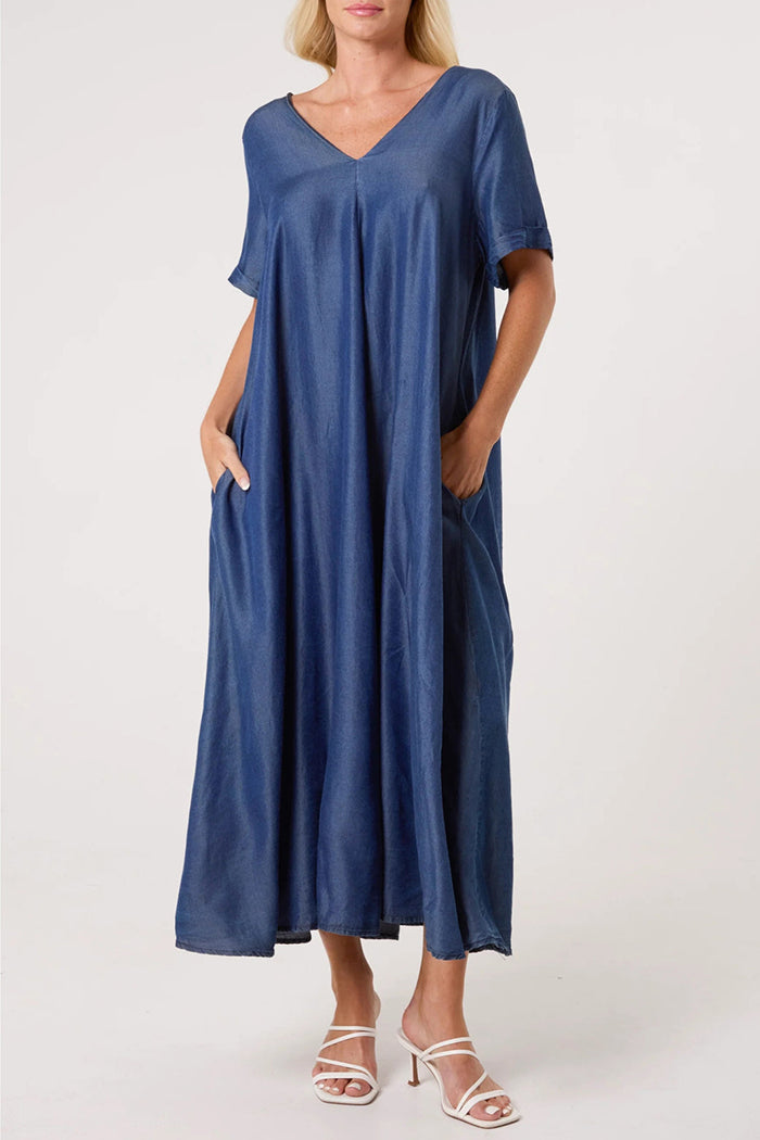 Denim Double V-Neck Maxi Dress