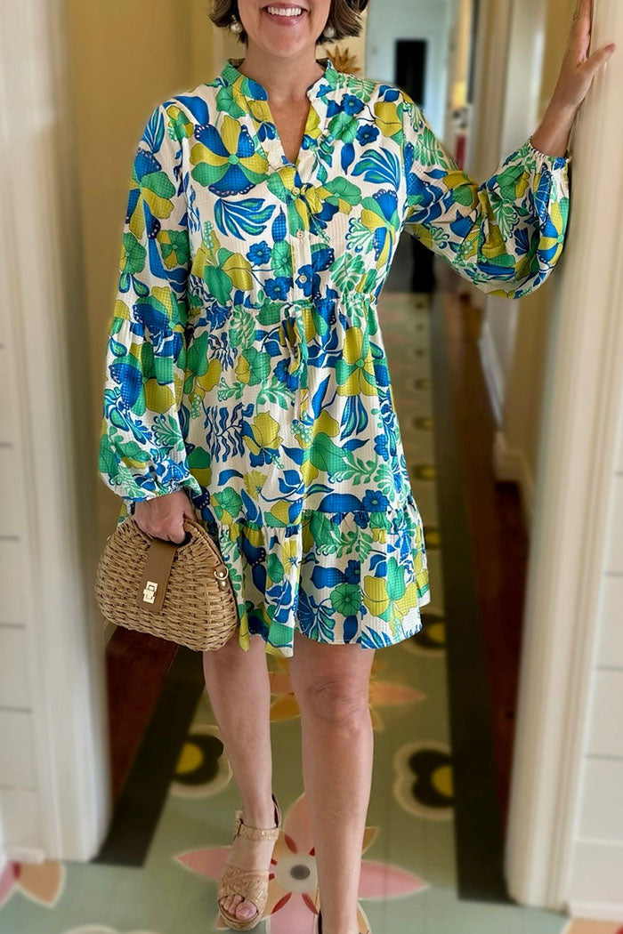 Long Sleeve Hibiscus Print Waist Dress