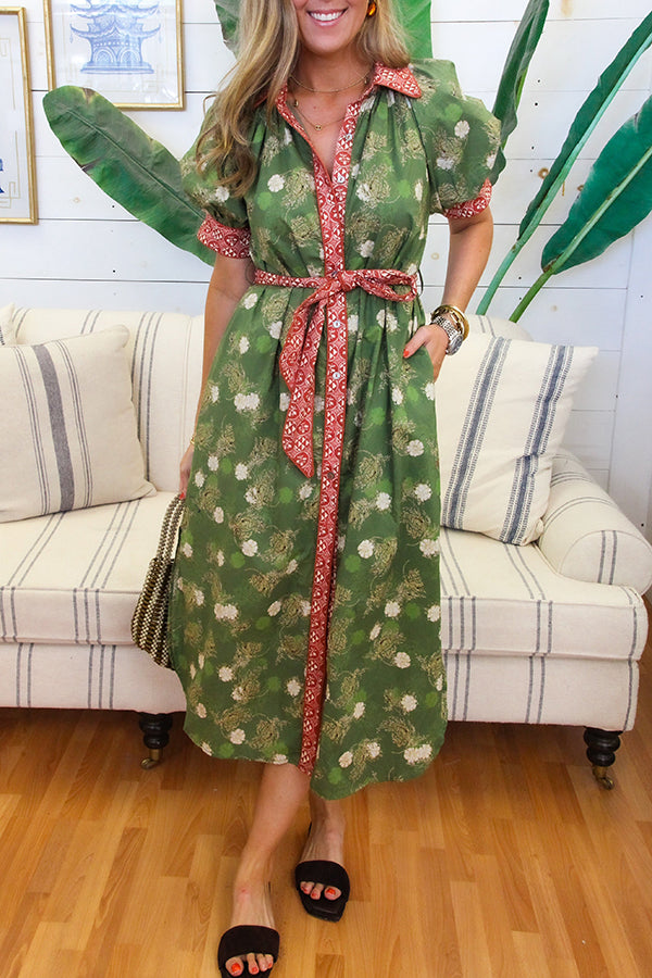 Contrasting Color Trim Floral Dress