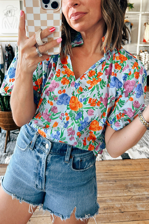 Pop Puff Sleeve Floral Blouse