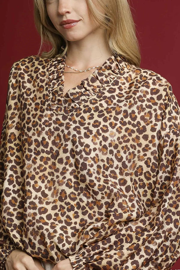 Leopard Balloon Sleeve Blouse