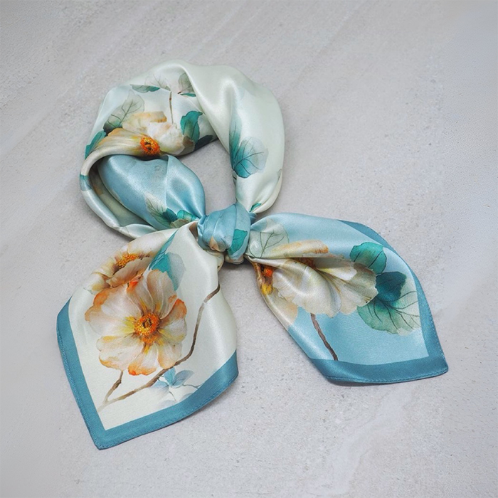 Turquoise Floral Square Scarf With Scarf Ring