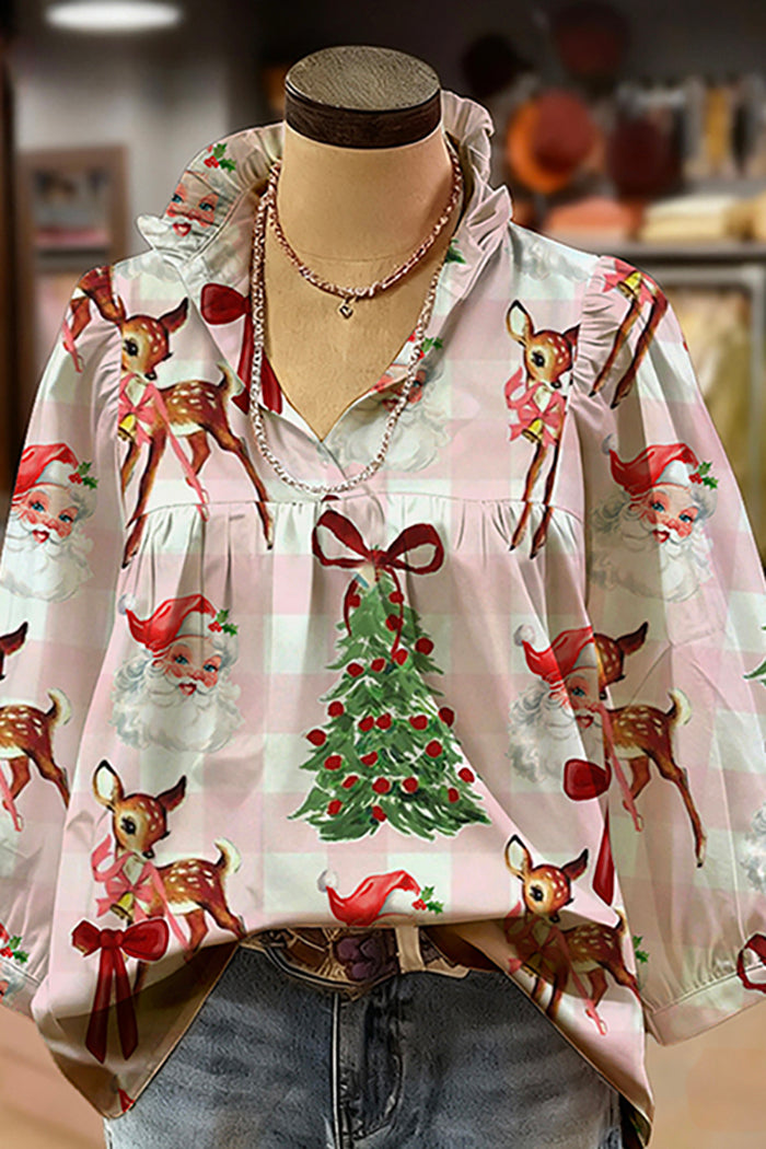 Christmas Print Ruffled V-Neck Puff-Sleeve Blouse
