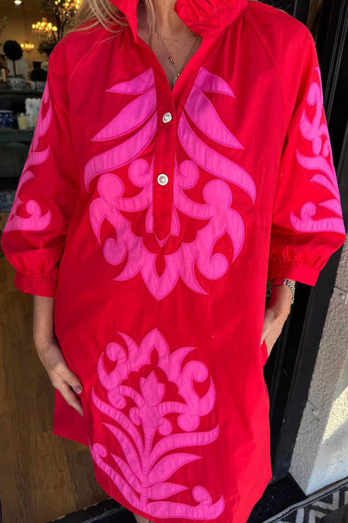 Contrast Print Half Placket 3/4 Sleeve Pocketed Dress