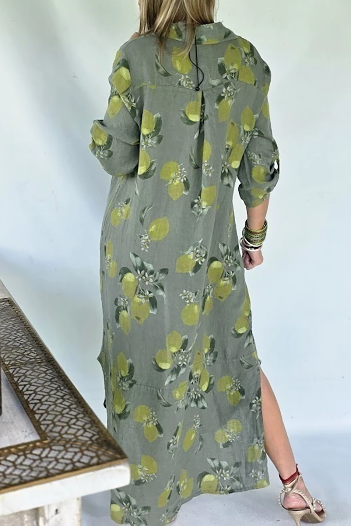 Lemon Print Shirt Style Maxi Dress