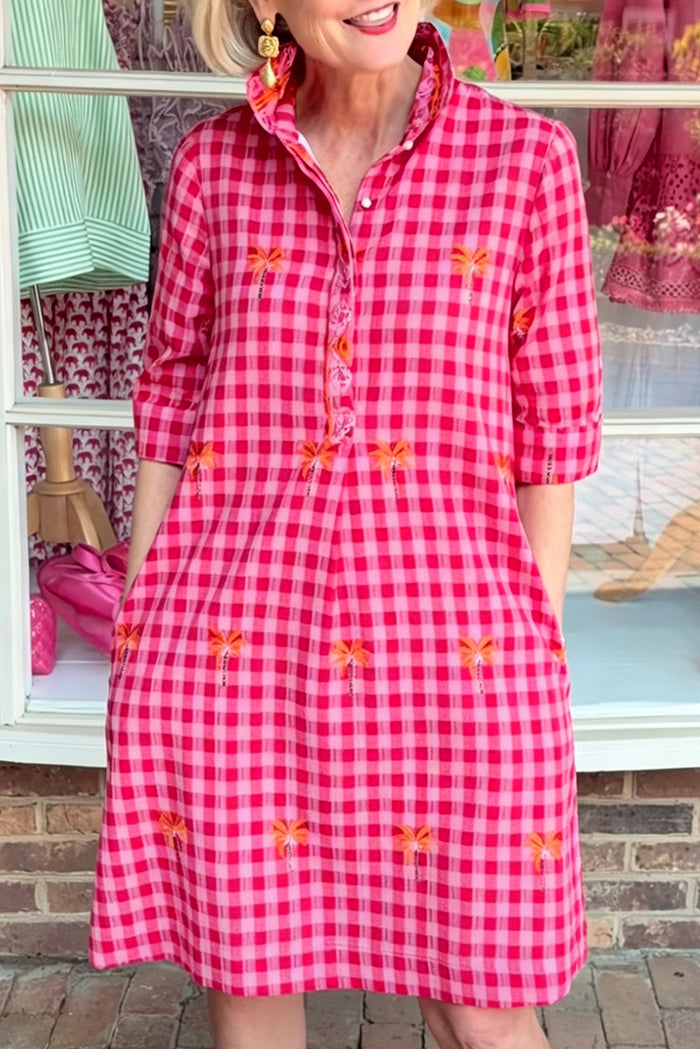 Hot Pink Check Pocketed Collared Shirt Dress