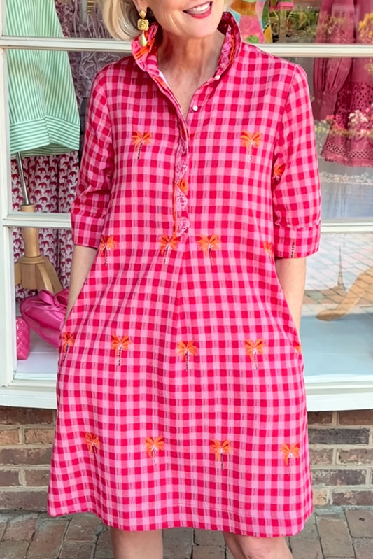 Hot Pink Check Pocketed Collared Shirt Dress