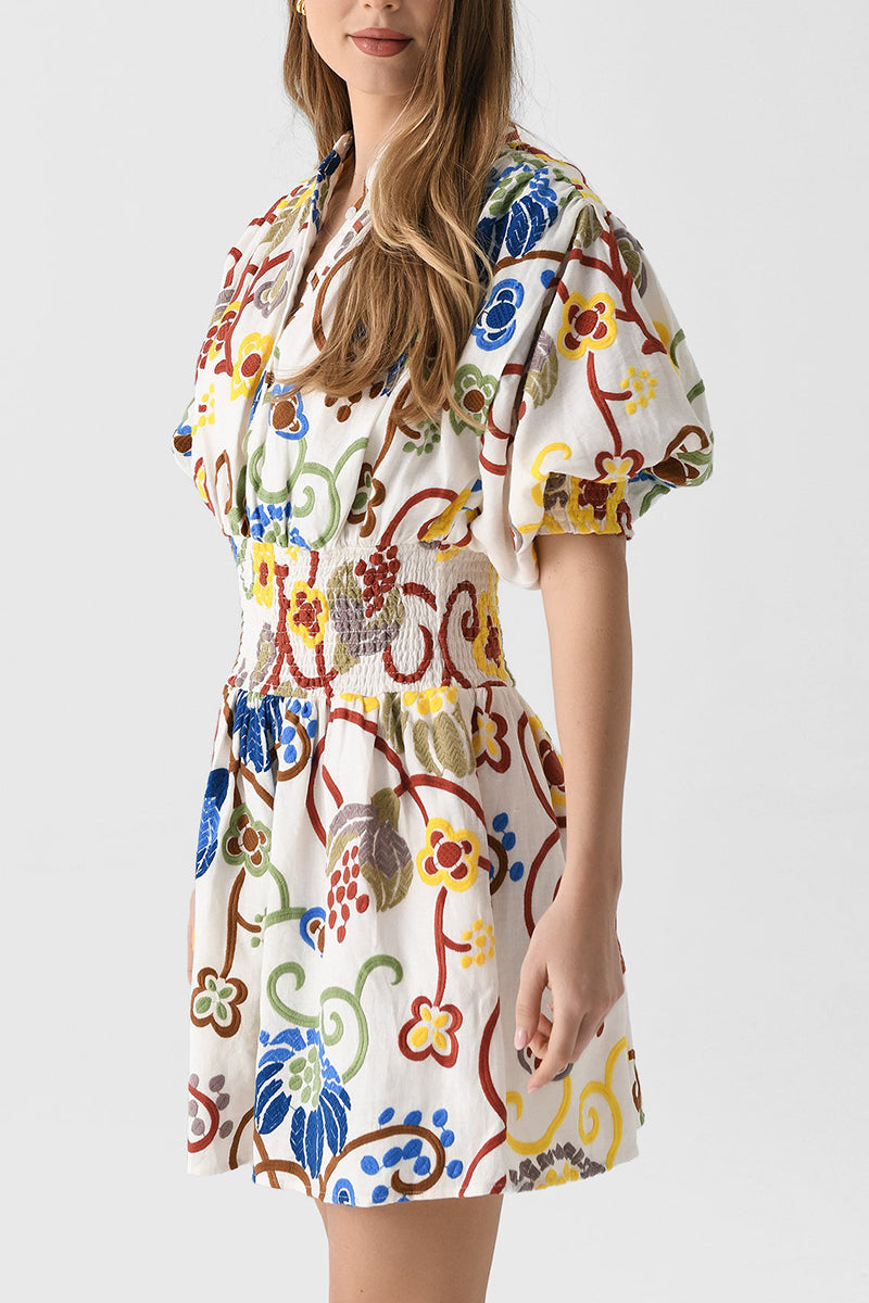 Floral Linen Lattering Ruched Waistline Dress