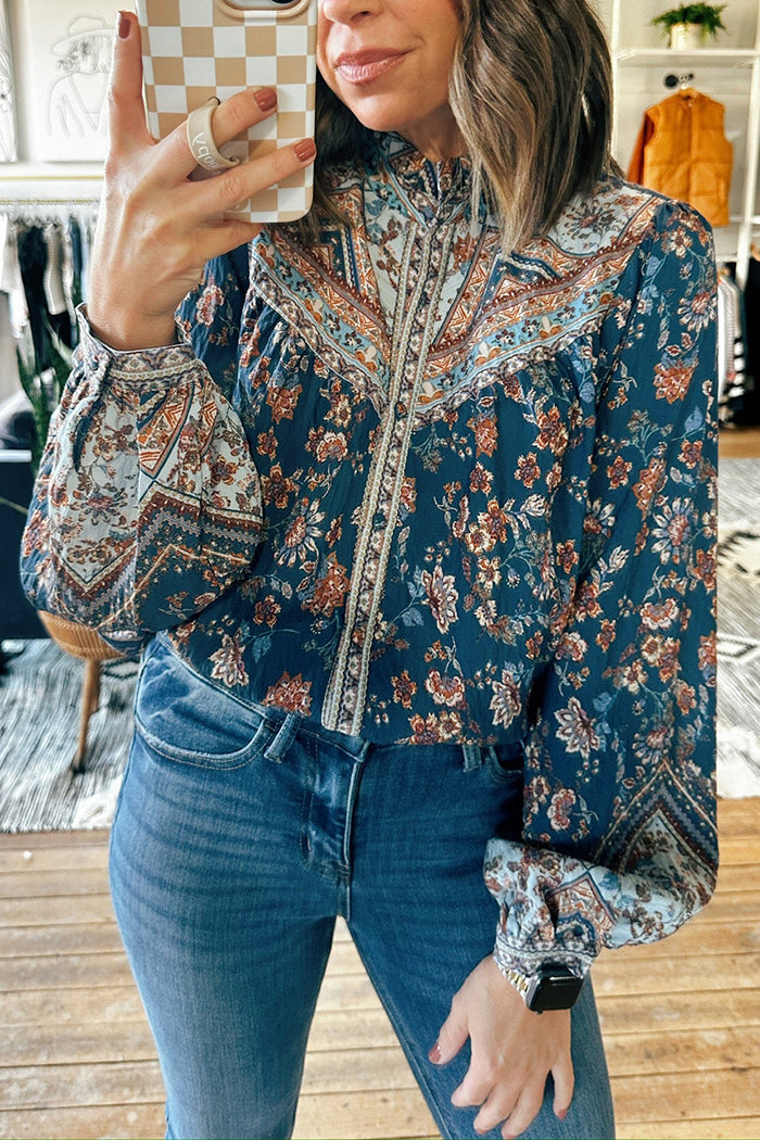 Border Print Button Down Blouse