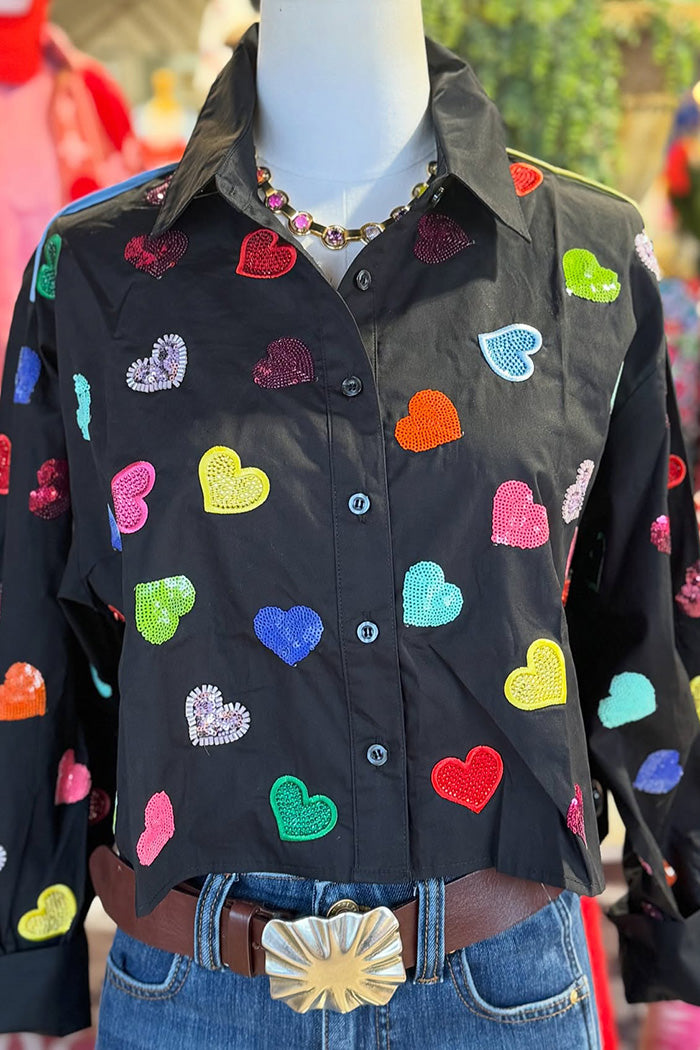 Multi Rhinestone Heart Button Up Top