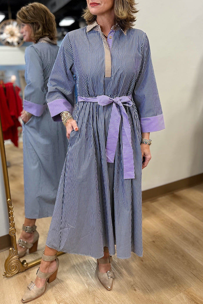 Striped Pocket Tie Waist Dress