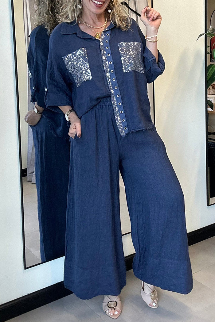 Sequin Pocket Button Down Wide Leg Pants Set