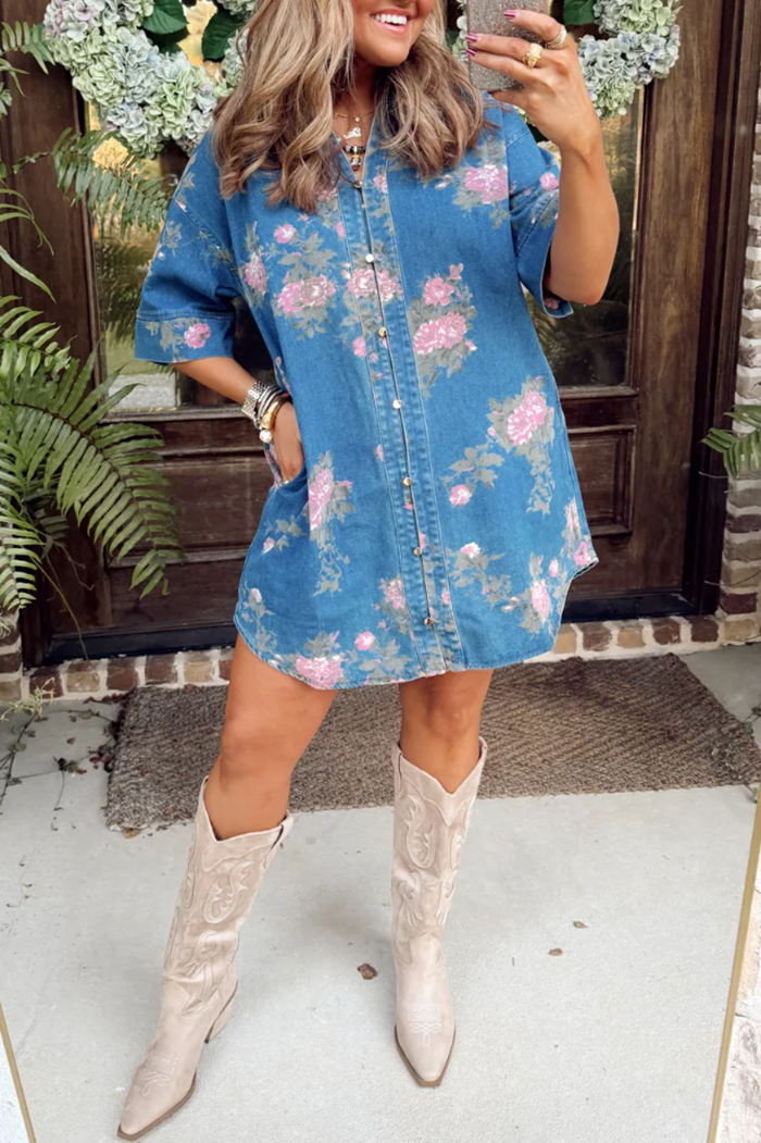 Denim Floral Print Shirt Dress
