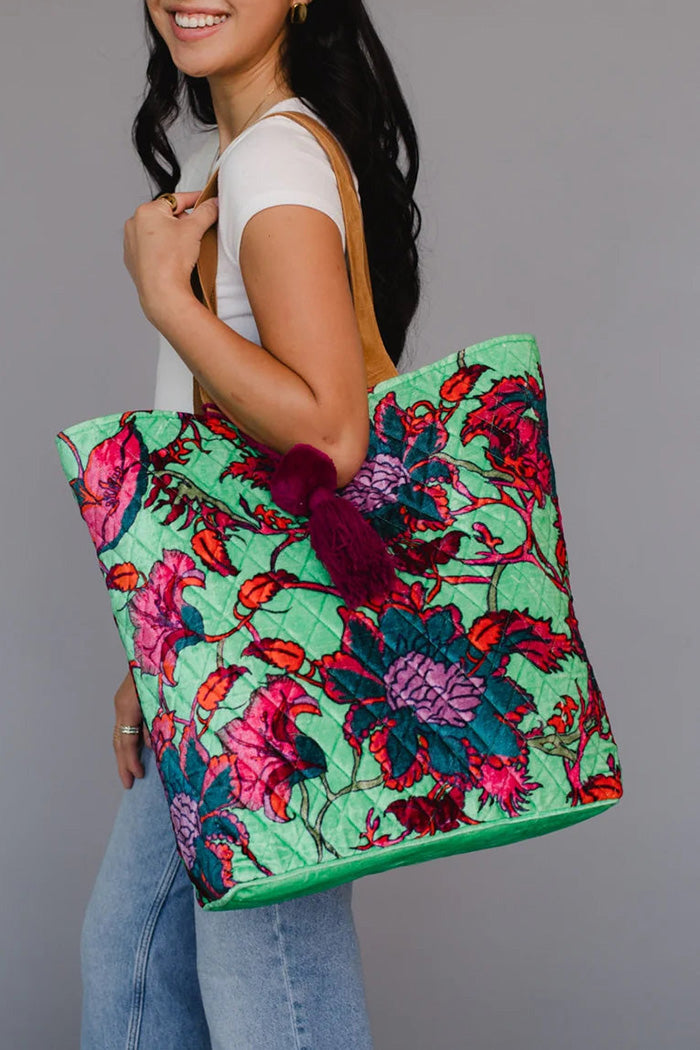 Quilted Floral Tassel Tote