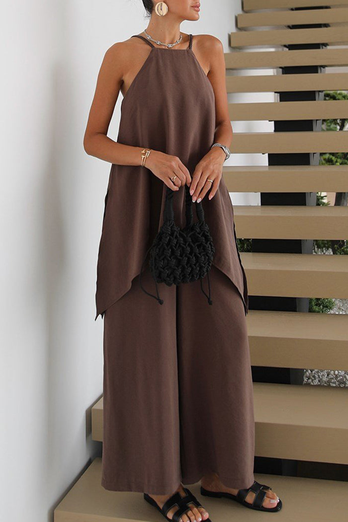 Spaghetti Strap Back Slit Pocket Top Pant Set
