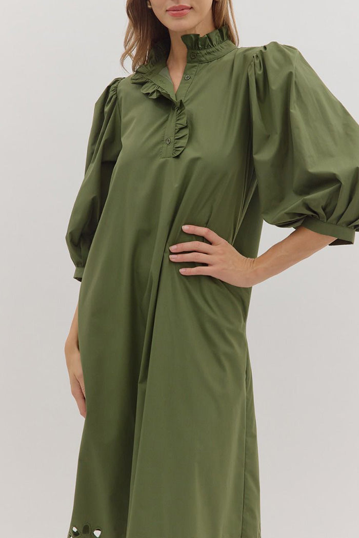 Scallop Cutout Hem Puff Sleeve Pocket Midi Dress