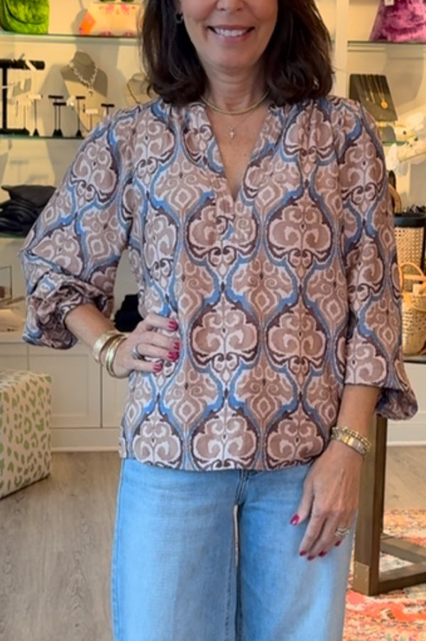 Retro Patterned V-Neck Top