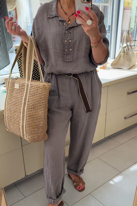 Women's Lapel Top Cuffed Long Pants Coordinated Set