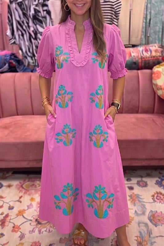 Pink Floral Puff Sleeve Pocket Dress