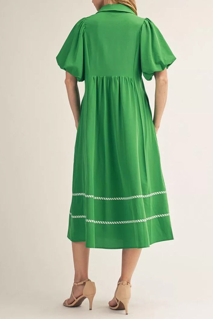 Smocked Puff Sleeve Pocket Midi Dress