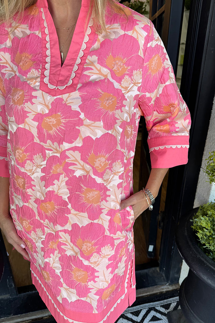 Casual Floral Scallop Trim Tunic Dress