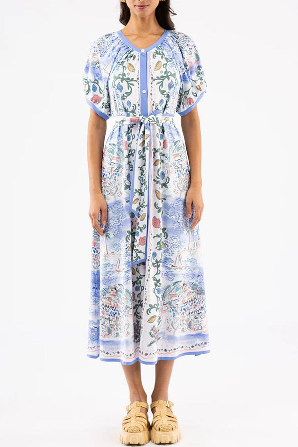 Front Button Belt Floral Dress