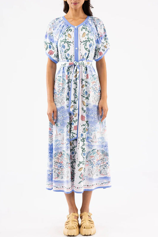 Front Button Belt Floral Dress