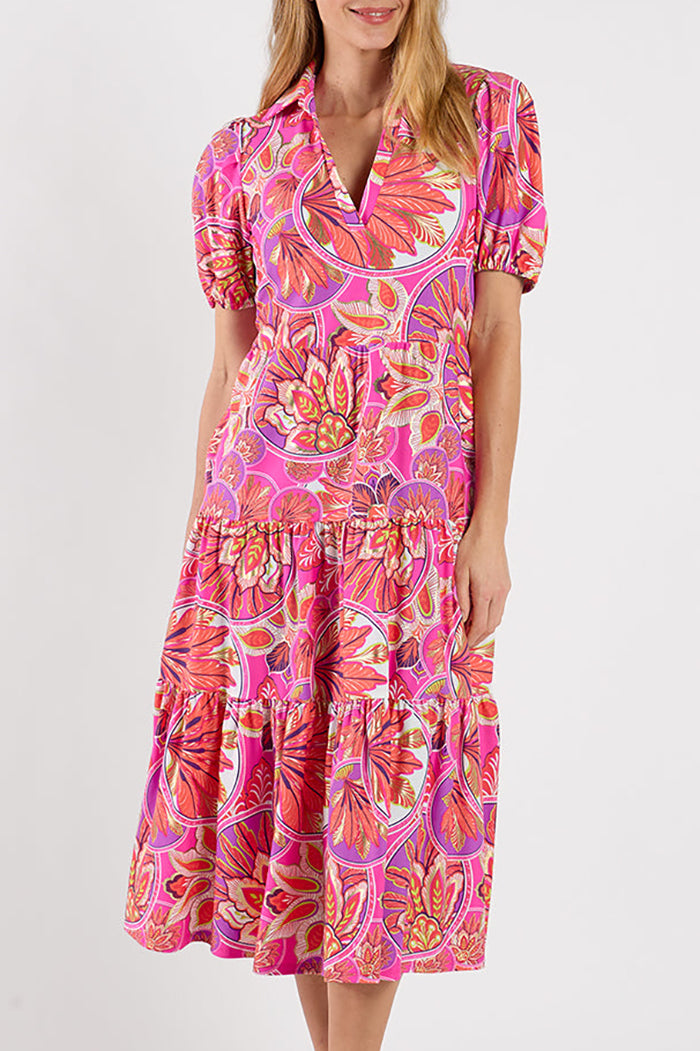 Feathered Floral Collared Puff Sleeve Tiered Midi Dress