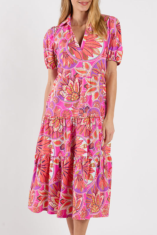 Feathered Floral Collared Puff Sleeve Tiered Midi Dress