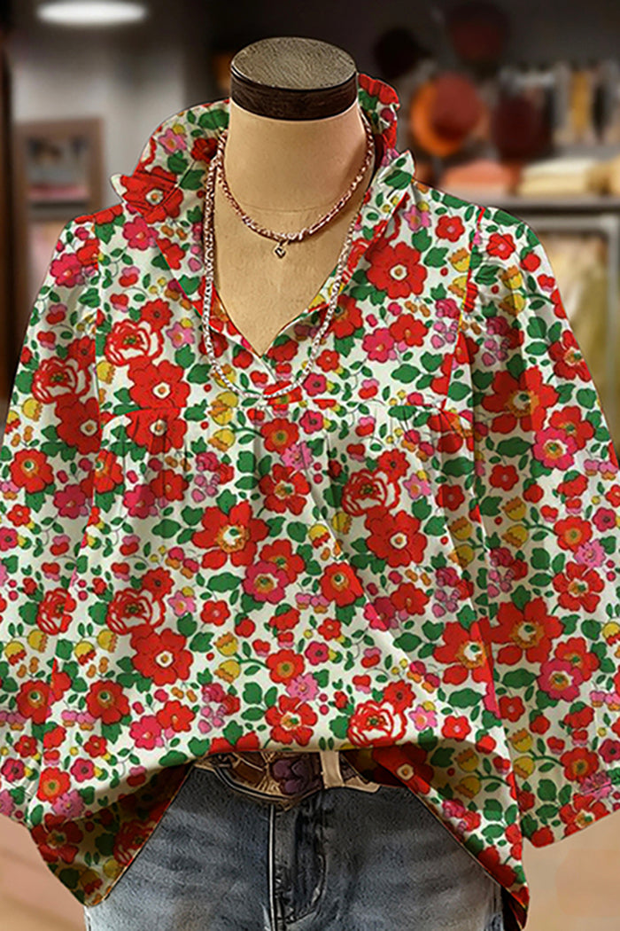 Red Floral Print Ruffled V-Neck Puff-Sleeve Blouse