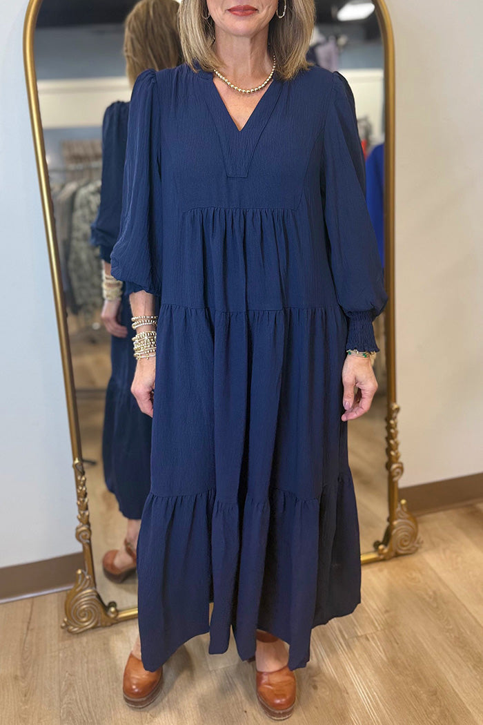 Pocketed Smocked Cuff Tiered Midi Dress