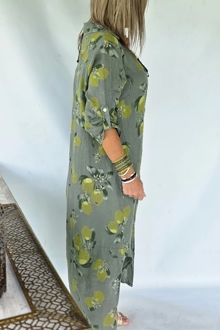 Lemon Print Shirt Style Maxi Dress