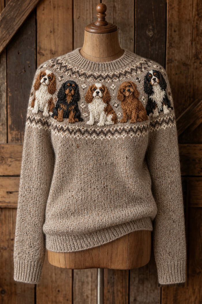 Embroidered Cavalier Puppies Knit Sweater