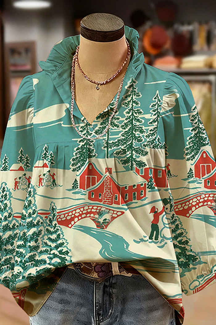 Snowy Pattern Ruffled V-Neck Puff-Sleeve Blouse