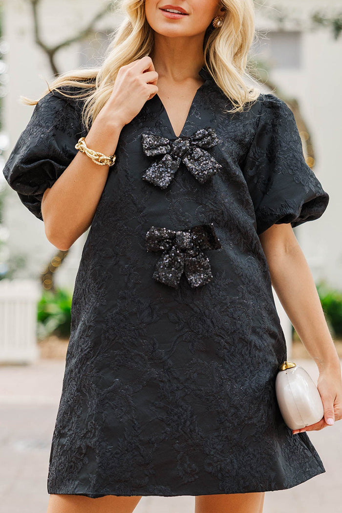 Floral Print Puff Sleeve Bow Dress