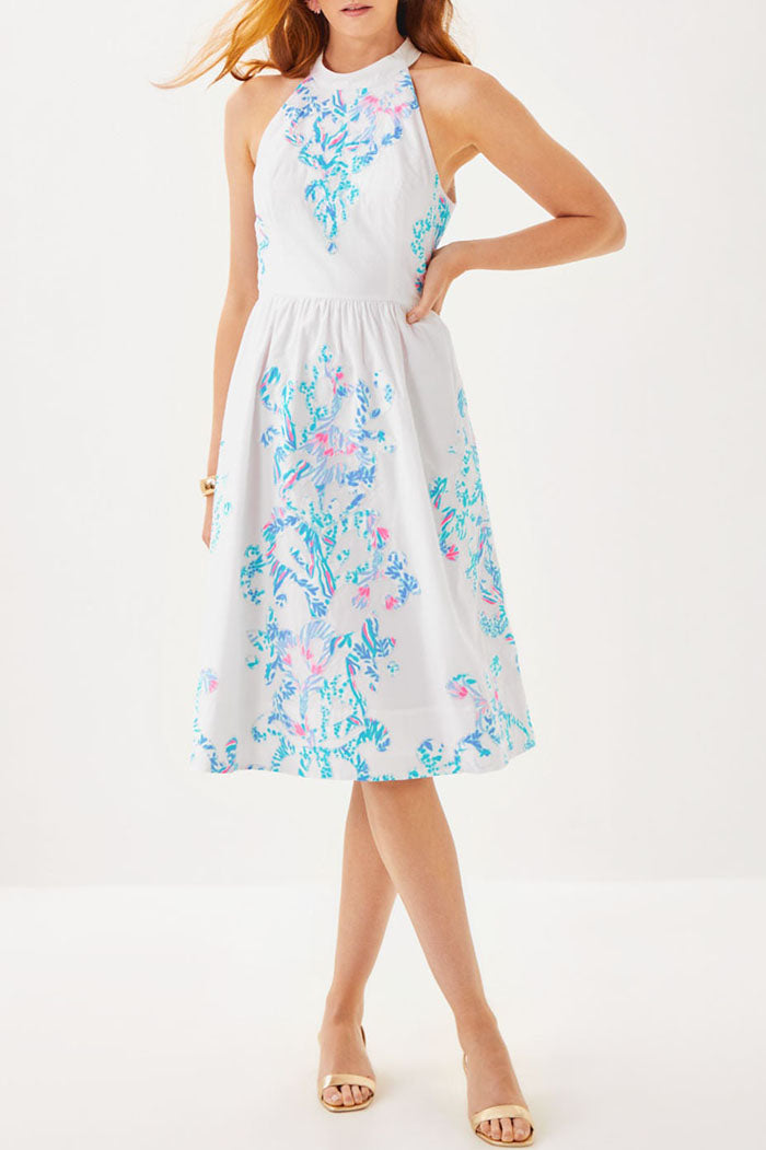 White Applique Mock Collar Halter Dress
