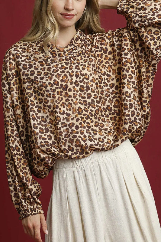 Leopard Balloon Sleeve Blouse