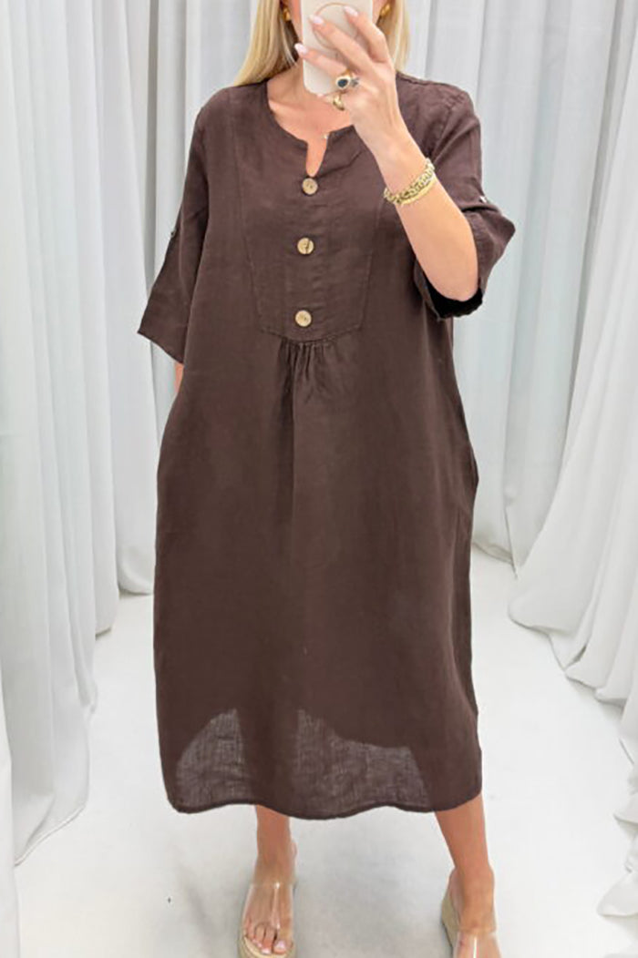 Casual Front Button Three Quarter Sleeve Midi Dress