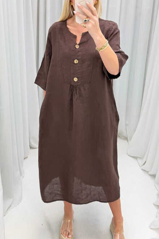 Casual Front Button Three Quarter Sleeve Midi Dress