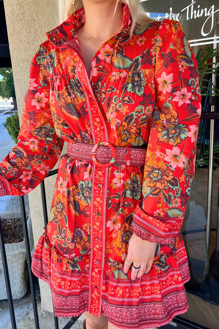 Ruffle Hem Floral Belted Dress