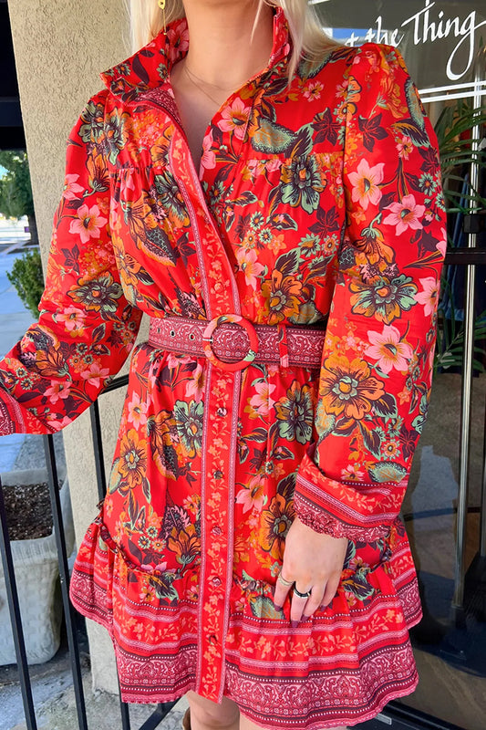 Ruffle Hem Floral Belted Dress