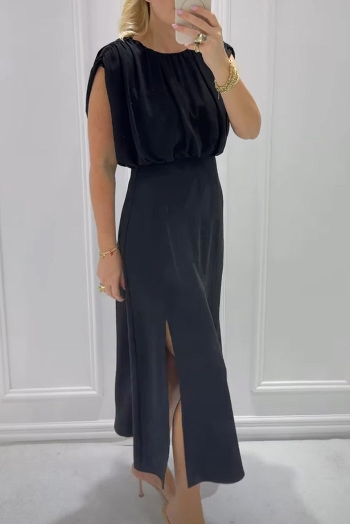 Sleeveless Open Back Ruched Waist Midi Dress