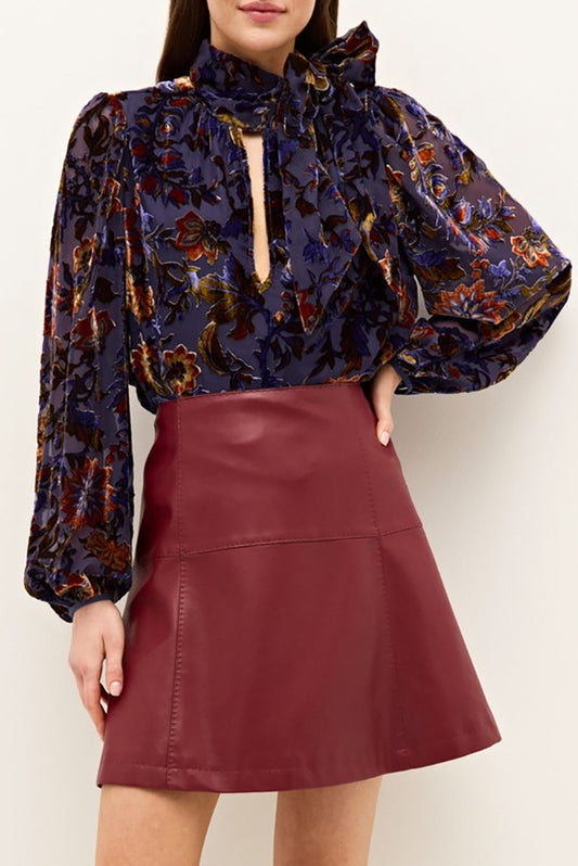 Velvet Floral Ruffled Mock-Neck Blouse
